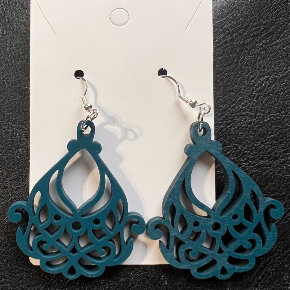 Peacock blue filigree wood earrings